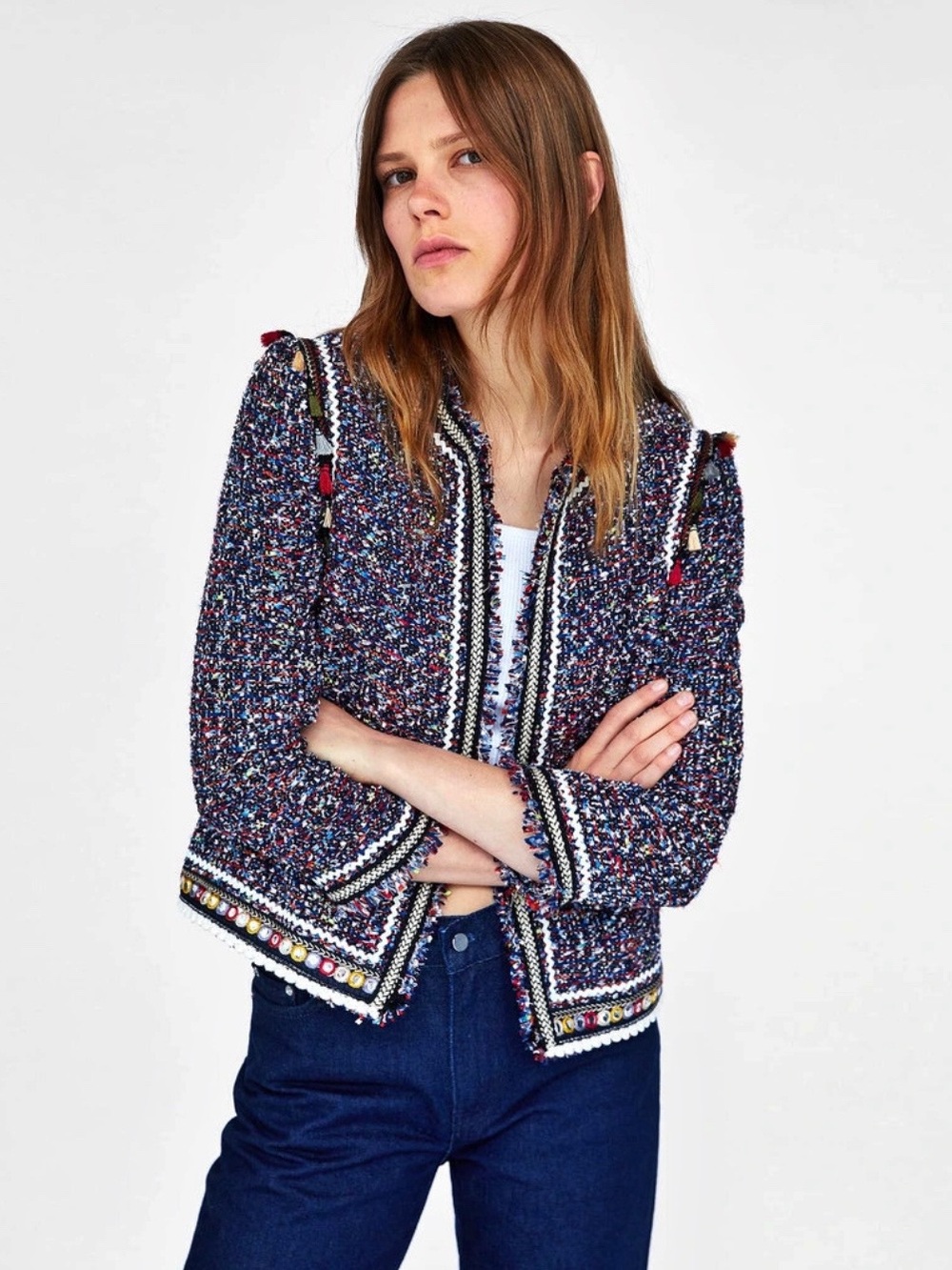 Zara Woven Tweed Multi-Color Cropped Blazer Jacket with Tassels Size M